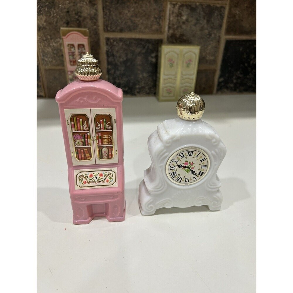 Vintage Pair of Nostalgic Avon Pink Secretaire Decanter & Gold Wardrobe Decanter